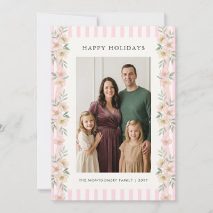 Pink Stripe Floral Garland Happy Holidays Holiday Card