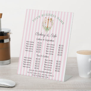 Pink Stripe & Floral Utensils Cooking Price List Pedestal Sign