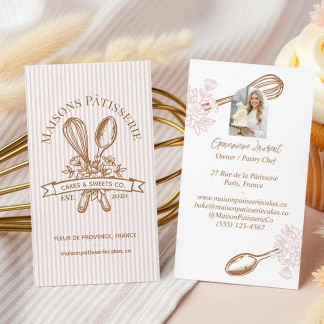 Pink Stripe Floral Whisk Spoon Pastry Bakery Chef Business Card (Pink Stripe Floral Whisk Spoon Pastry Bakery Chef Business Card)
