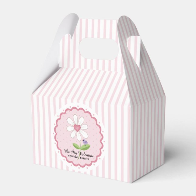 Pink Stripe Flower and Heart Valentine Favor Box (Front Side)