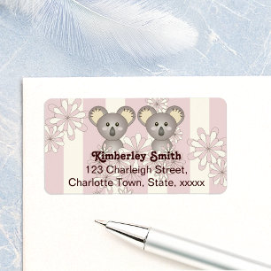 Pink Stripe Girl Baby Twin Koalas Return Address Label