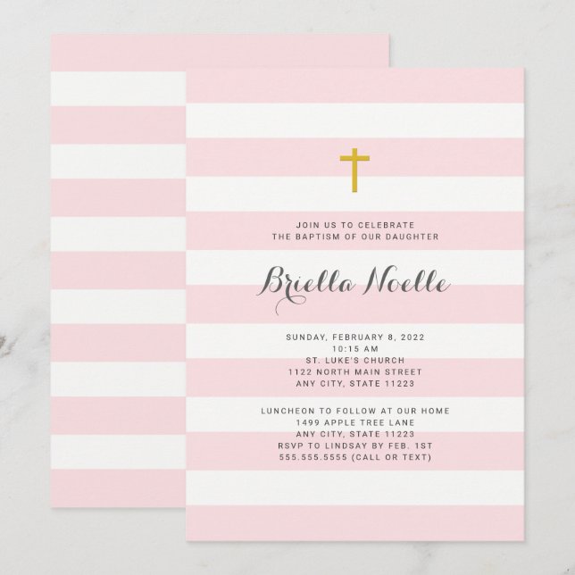 Pink Stripe Girl Baptism or First Communion invite (Front/Back)