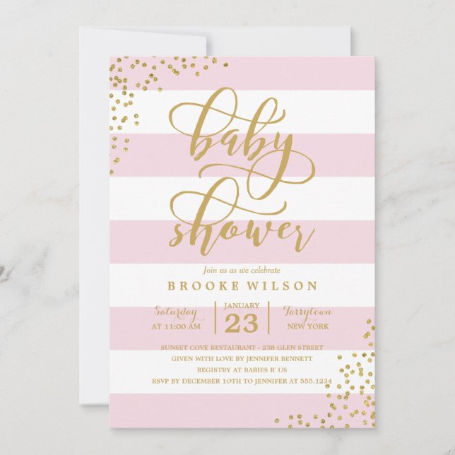 Pink Stripe Glitter Dots Baby Shower Invitation (Front)