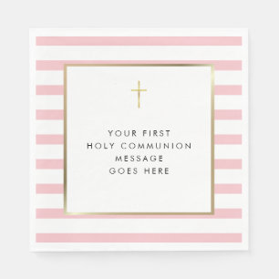 Pink Stripe Gold Cross Holy Communion Message Napkin