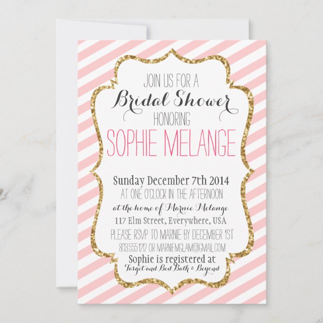 Pink Stripe, Gold Glitter Bridal Shower Invitation (Front)