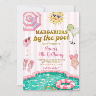 Pink Stripe margaritas by the pool birthday Invitation