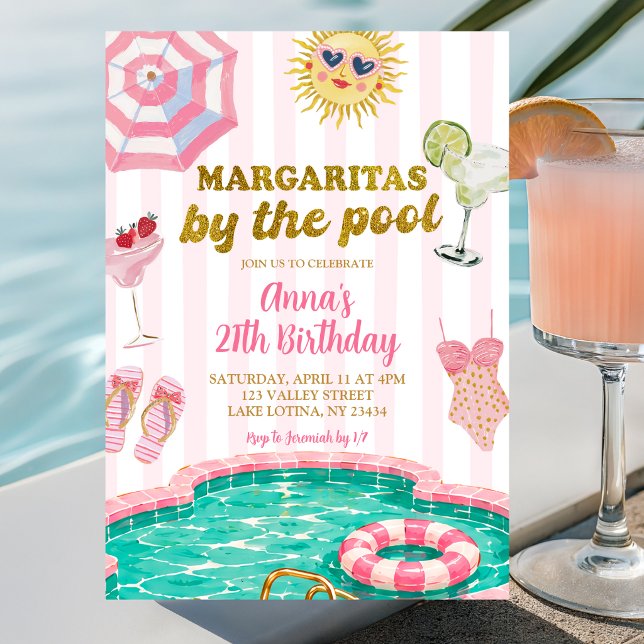 Pink Stripe margaritas by the pool birthday Invitation (Creator Uploaded)