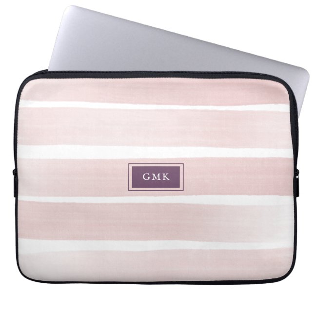Pink Stripe Monogram Initials Watercolor Painted Laptop Sleeve (Front)