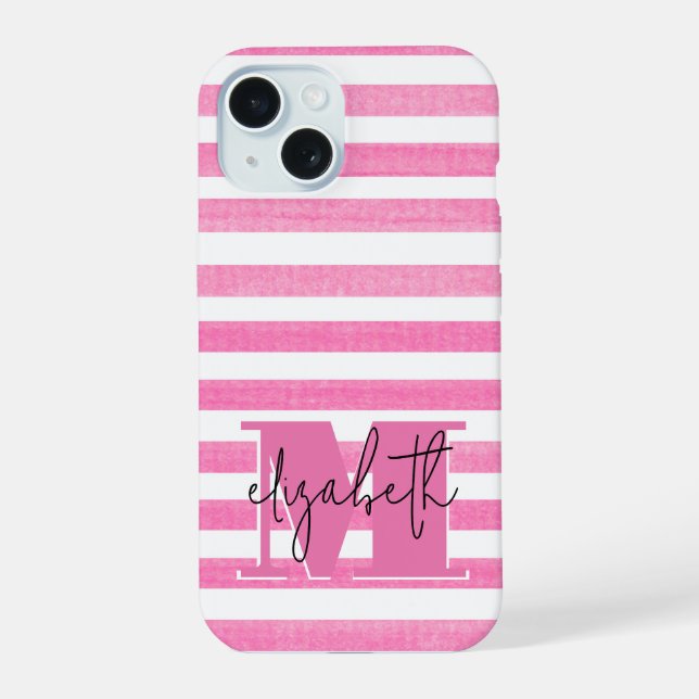 Pink Stripe Monogrammed iPhone 15 Case (Back)
