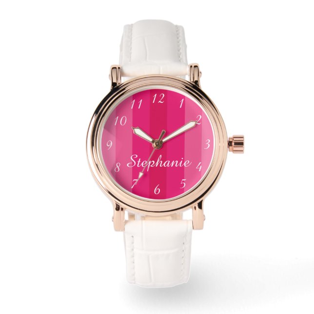 Pink Stripe Name Classy Rose Gold White Band Wrist Watch (Front)