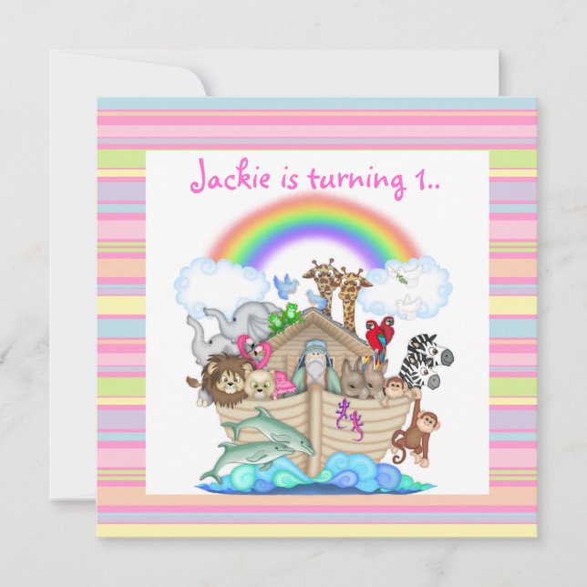 PINK STRIPE NOAHS ARK INVITATION (Front)