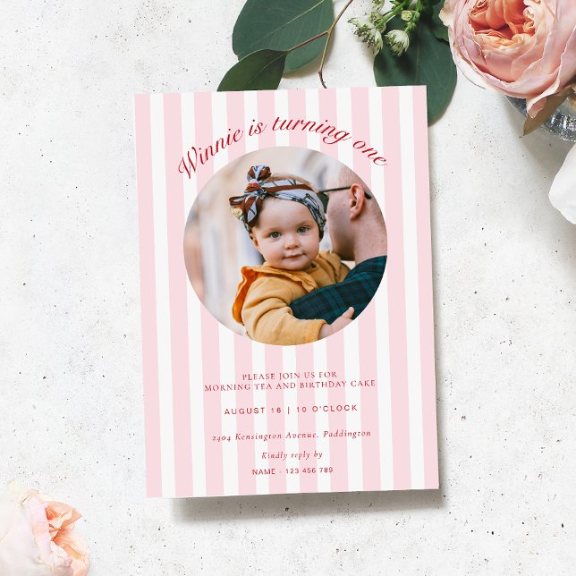Pink Stripe Photo Invitation Anniversaire (Pink Candy Stripe Photo Birthday Invitation)