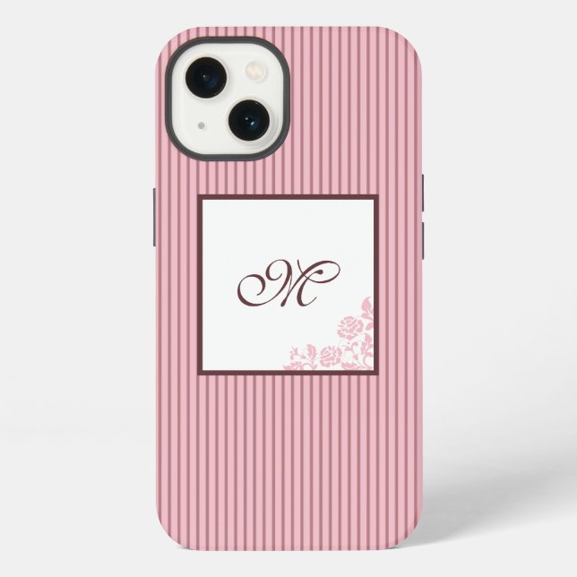 Pink Stripe Rose Lace Initial Script Monogram iPhone Case (Back)