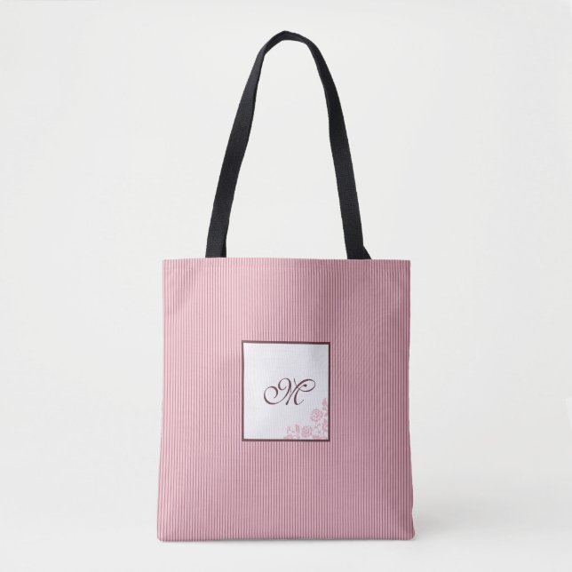 Pink Stripe Rose Pattern Initial Script Monogram  Tote Bag (Front)