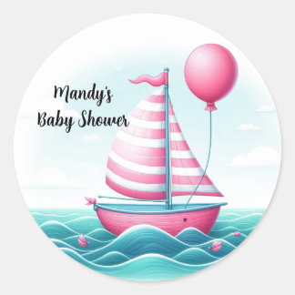 Pink Stripe Sailboat Balloon Baby Shower Classic Round Sticker
