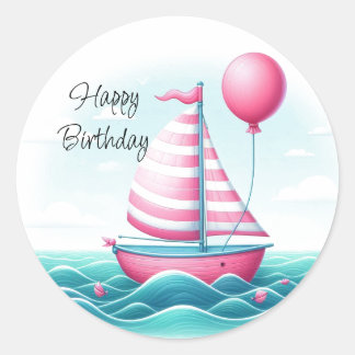 Pink Stripe Sailboat Balloon Birthday Wishes Classic Round Sticker