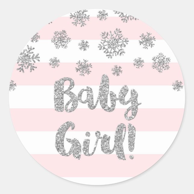 Pink Stripe Silver Snowflake Winter Baby Shower Classic Round Sticker (Front)