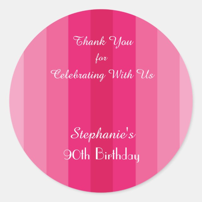 Pink Stripe Thank You Birthday Party Personalized Classic Round Sticker (Front)