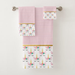 PINK STRIPE UNICORN GOLD BATHROOM TOWEL SET