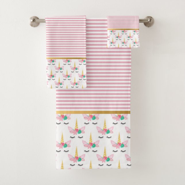 PINK STRIPE UNICORN GOLD BATHROOM TOWEL SET (Insitu)