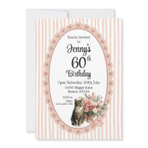 Pink stripe watercolor floral cat birthday invite