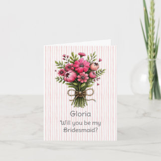 Pink Stripe Whimsical Posies Bridesmaid Proposal Card