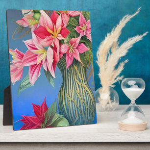 Pink striped Amaryllis and Poinsettia Bouquet Plaque