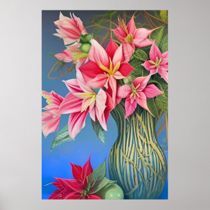 Pink striped Amaryllis and Poinsettia Bouquet Poster