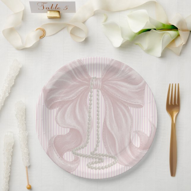 Pink Striped Bow and Pearl Necklace Paper Plate (Wedding)