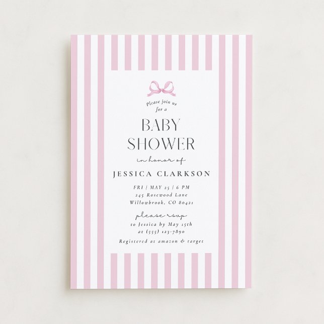 Pink Striped Bow Baby Shower Invitation (Creator Uploaded)