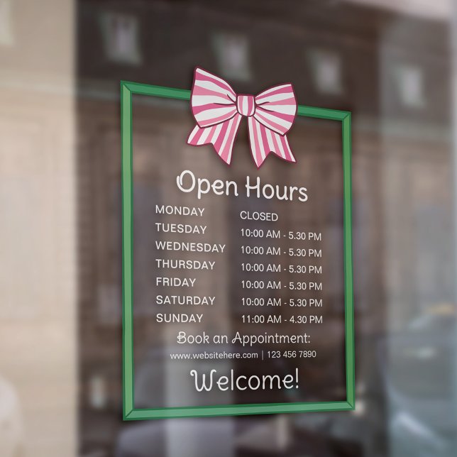 Pink Striped Bow Green Frame Open Hours Number Window Cling (Creator Uploaded)