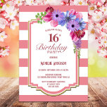 Pink Striped Floral 16th Birthday Party Invitation<br><div class="desc">Pink striped lavender floral 16th birthday party invitation.</div>