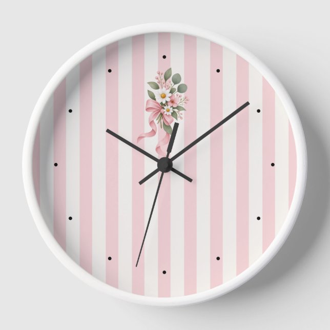 Pink Striped Floral Botanical Wall Clock (Front)
