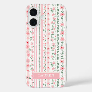 Pink Striped Floral Personalized iPhone 16 Case