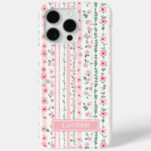 Pink Striped Floral Personalized iPhone 15 Pro Max Case