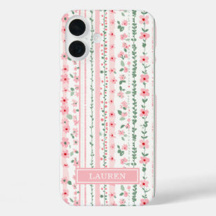 Pink Striped Floral Personalized iPhone 16 Plus Case