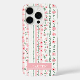Pink Striped Floral Personalized iPhone 16 Pro Case