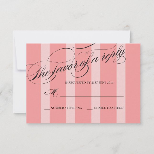 Pink Striped Flourish Script Wedding Response Card (Front)