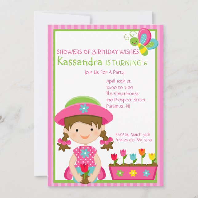 Pink Striped Gardening Girl Birthday Invitation