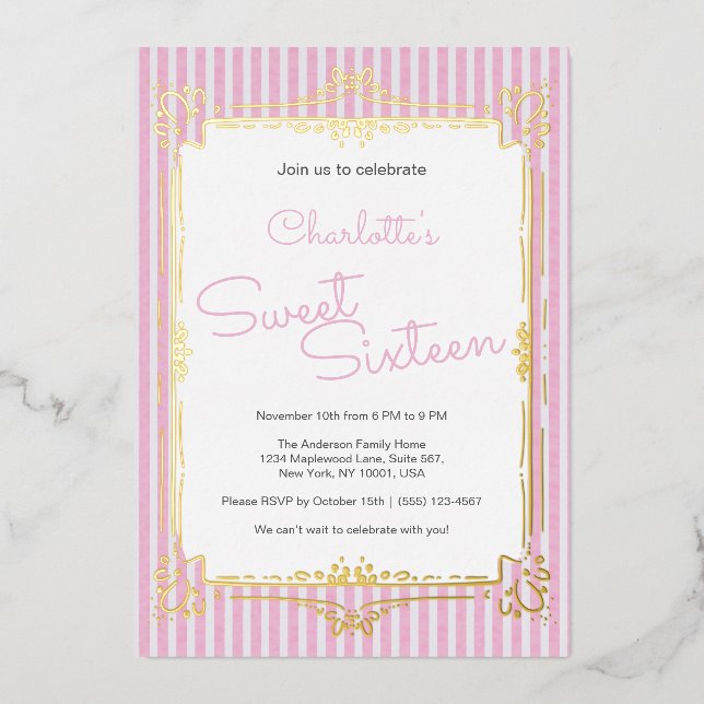 Pink Striped Glam Princess Sweet 16 Party  (Front)