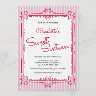 Pink Striped Glam Princess Sweet 16 Party  Invitation