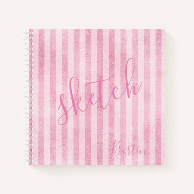 Pink Striped Monogram Name Sketchbook Notebook (Front)