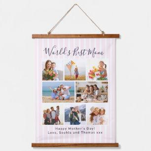 Pink Striped Multi Photo Collage World's Best Mom Hanging Tapestry