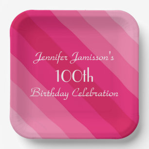 Pink Striped Paper Plates, 100th Birthday Party Plate