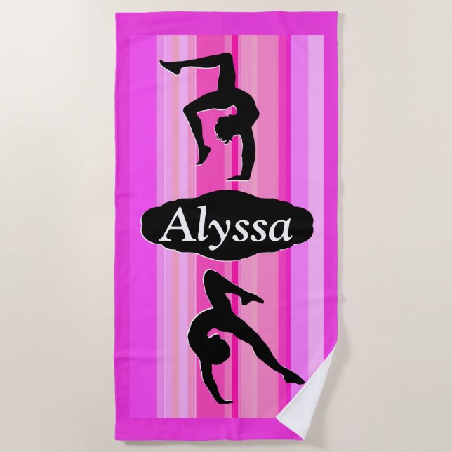 PINK STRIPED PERSONALIZED GYMNASTICS BEACH TOWEL (Front)