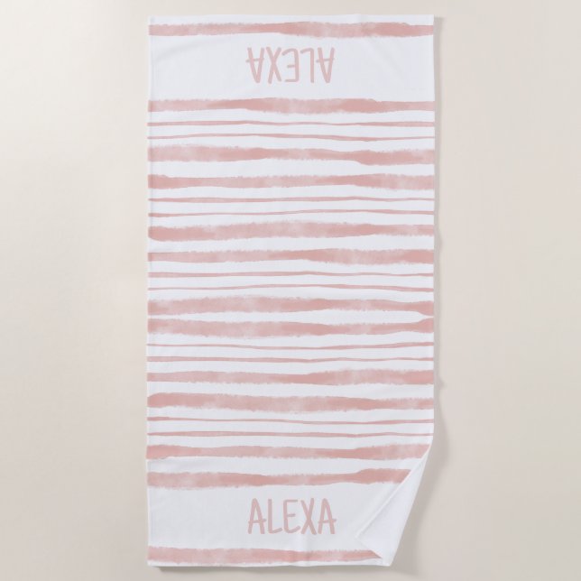 Pink Striped Personalized Name Beach Towel (Front)