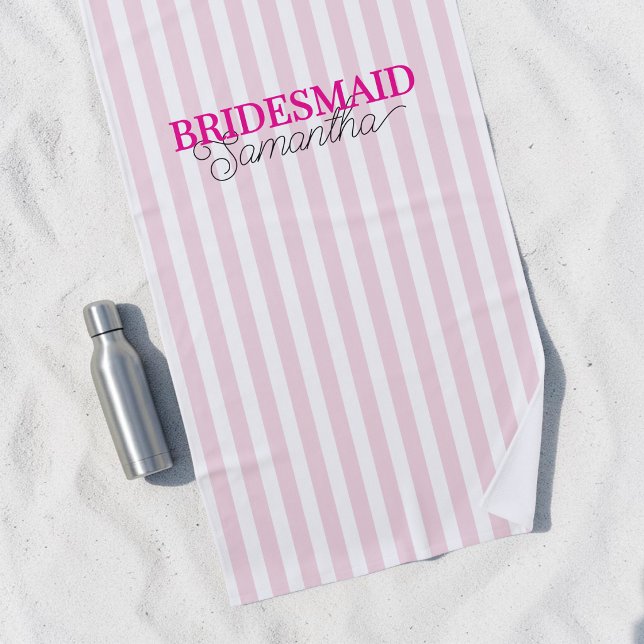 Pink Striped Personalized Script Name Bridesmaid Beach Towel (Pink Striped Personalized Script Name Bridesmaid Beach Towel)