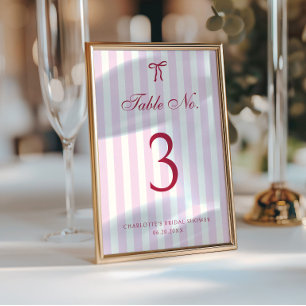 Pink Striped Preppy Bow Bridal Shower Table Number