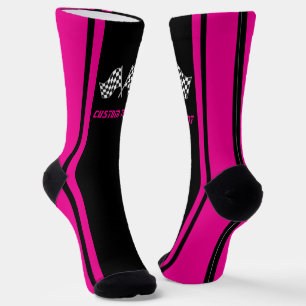 Pink Striped Racing Car Flags - Personalized Socks