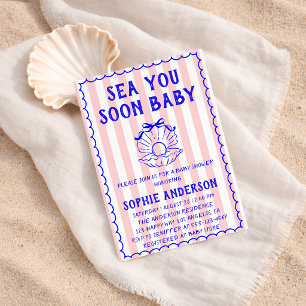 Pink Striped Sea You Soon Baby Baby Shower Invitation